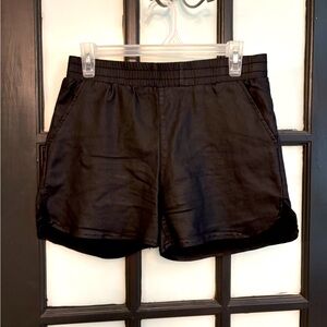 Medium 
Worn twice, shiny denim shorts, has the look of vegan leather